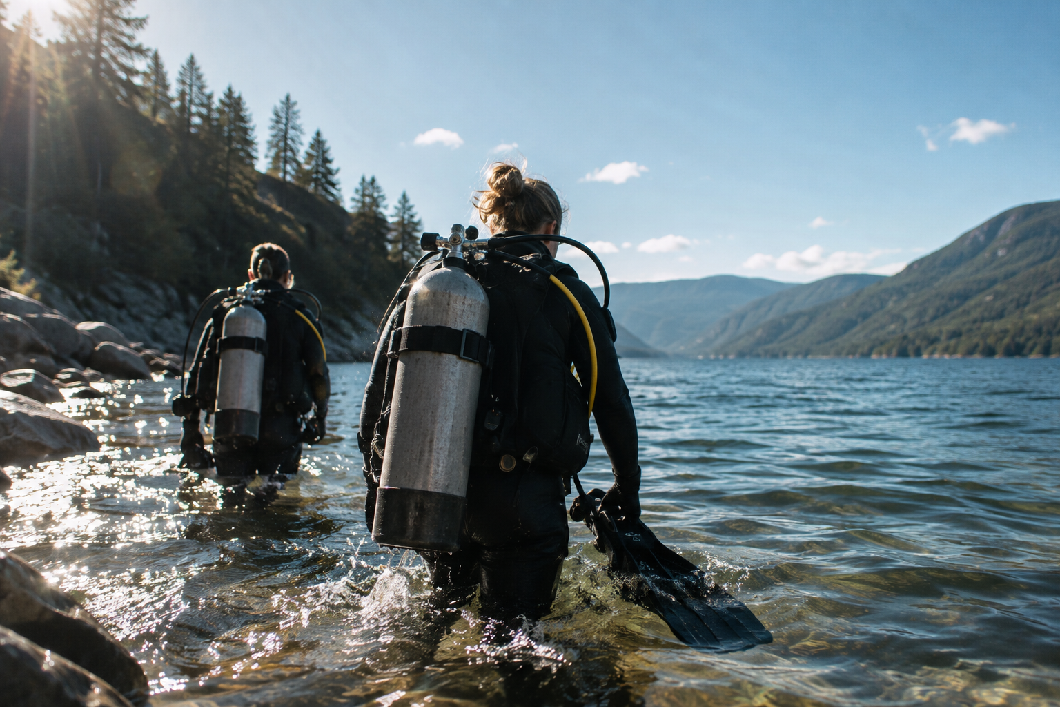 divers heading into the lake
