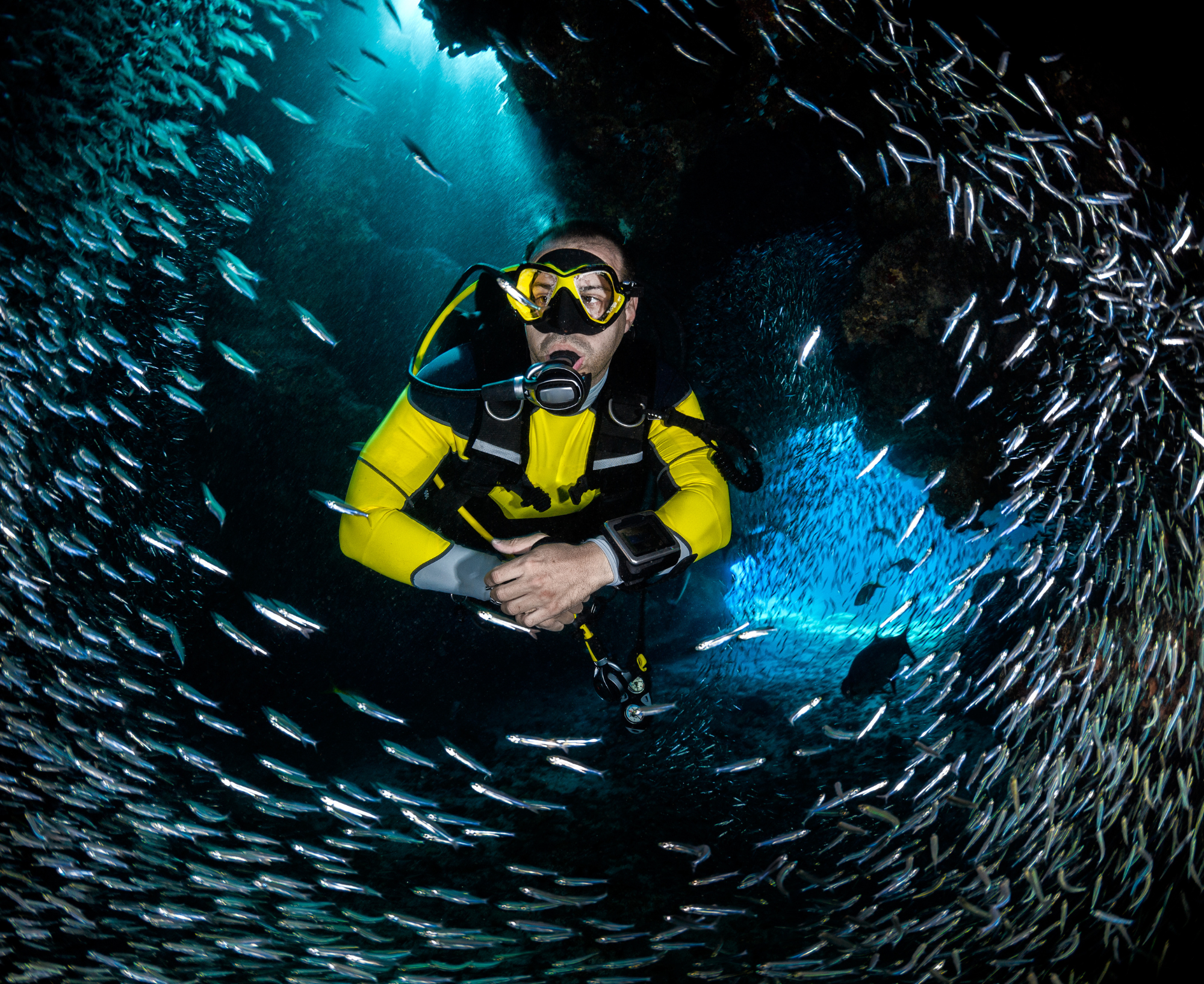 Scuba diver surrounded by fish