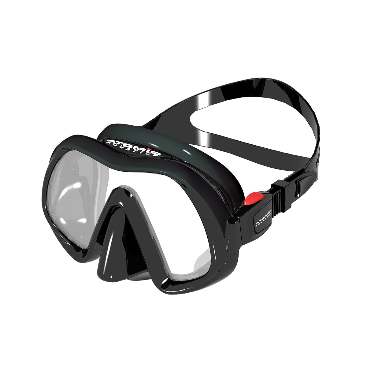 Black diving mask with clear lens on a white background