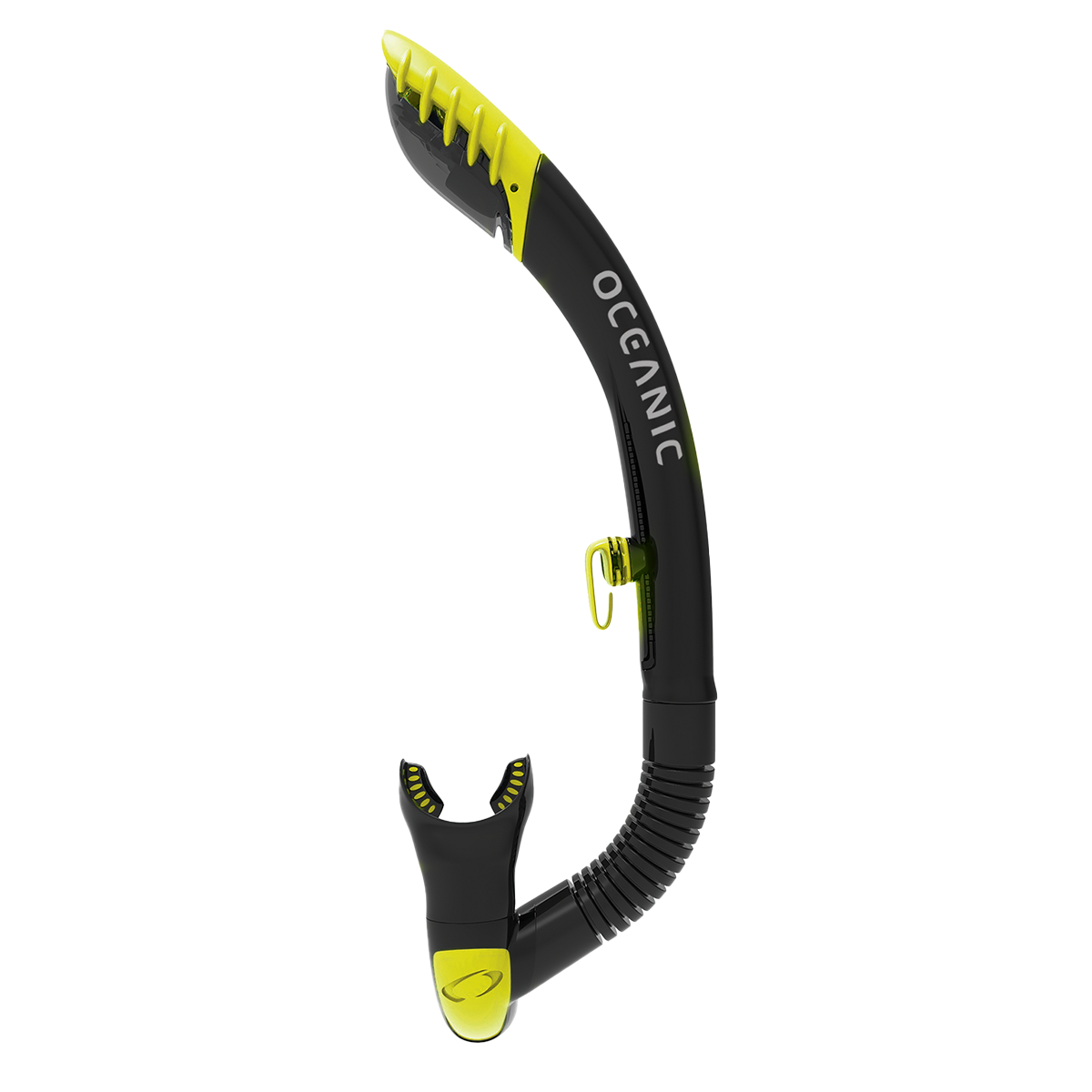 Black and yellow diving snorkel with 'Oceanic' branding on a white background