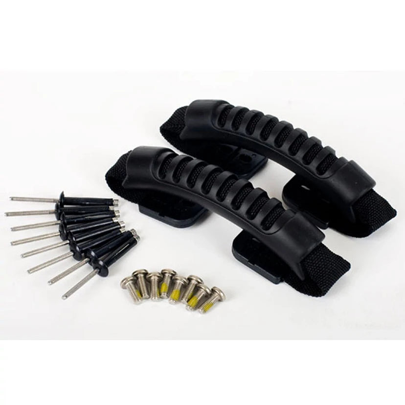 Black plastic handles with screws on a white background