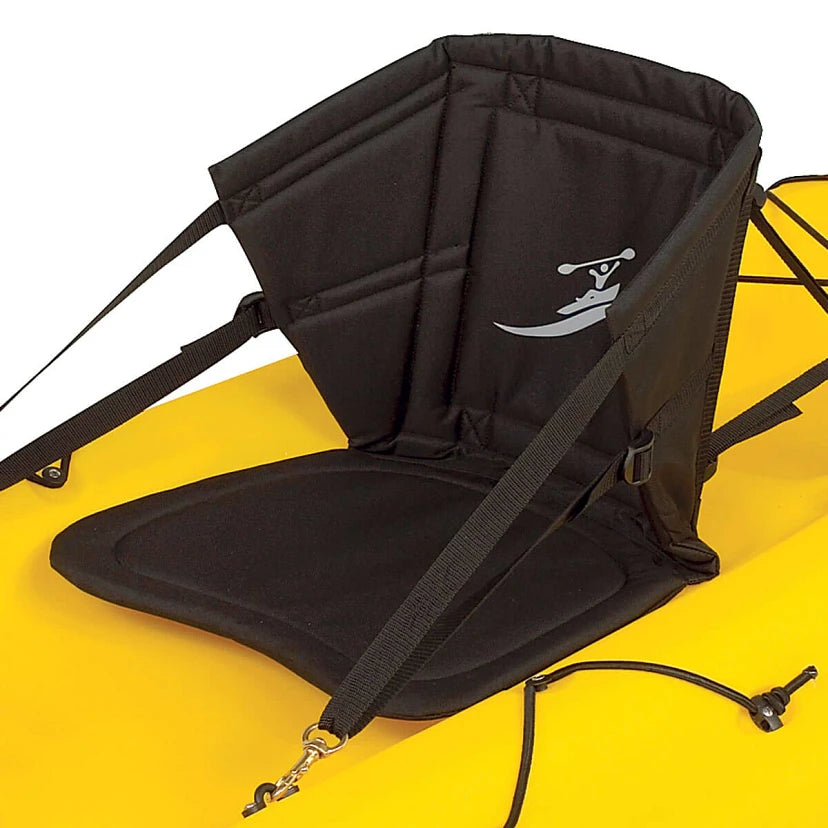 Black kayak seat with a visible brand logo on a yellow kayak background