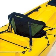 Black kayak seat with green padding on a yellow kayak