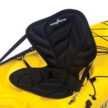 Black kayak seat with a brand logo on a yellow kayak