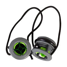 Two black and green earbud headphones on a white background