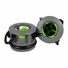 Two gray and green mechanical components on a white background