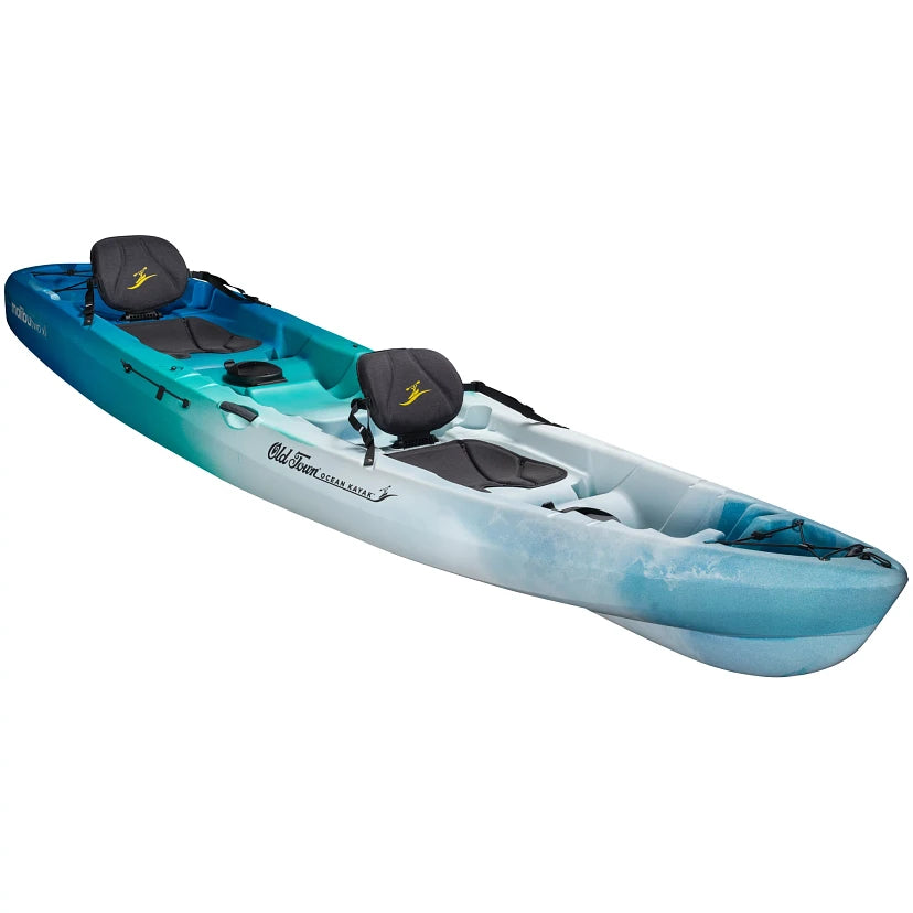 Blue kayak with two seats on a white background