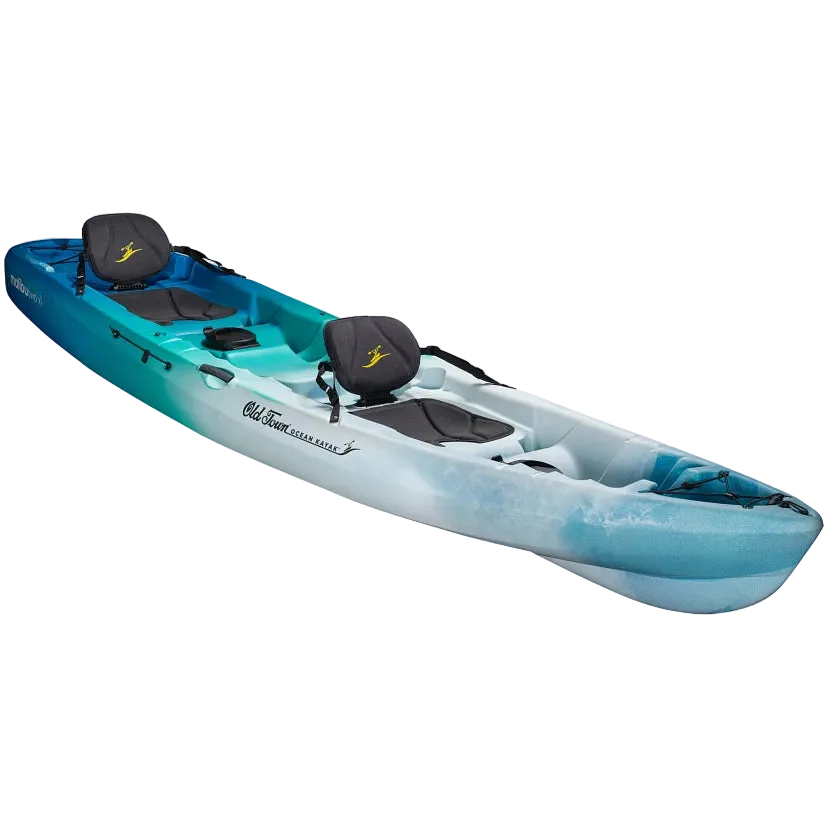 Blue kayak with two seats on a white background