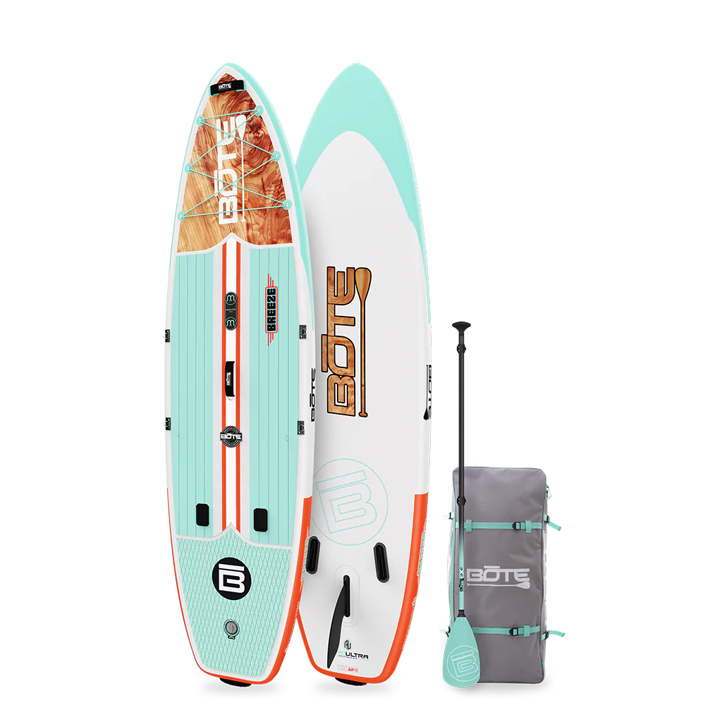 Gobe inflatable paddle board with paddle and carrying bag on a white background