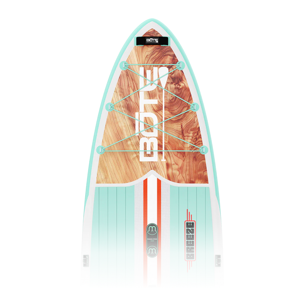 Wooden surfboard with teal accents and branding on a white background
