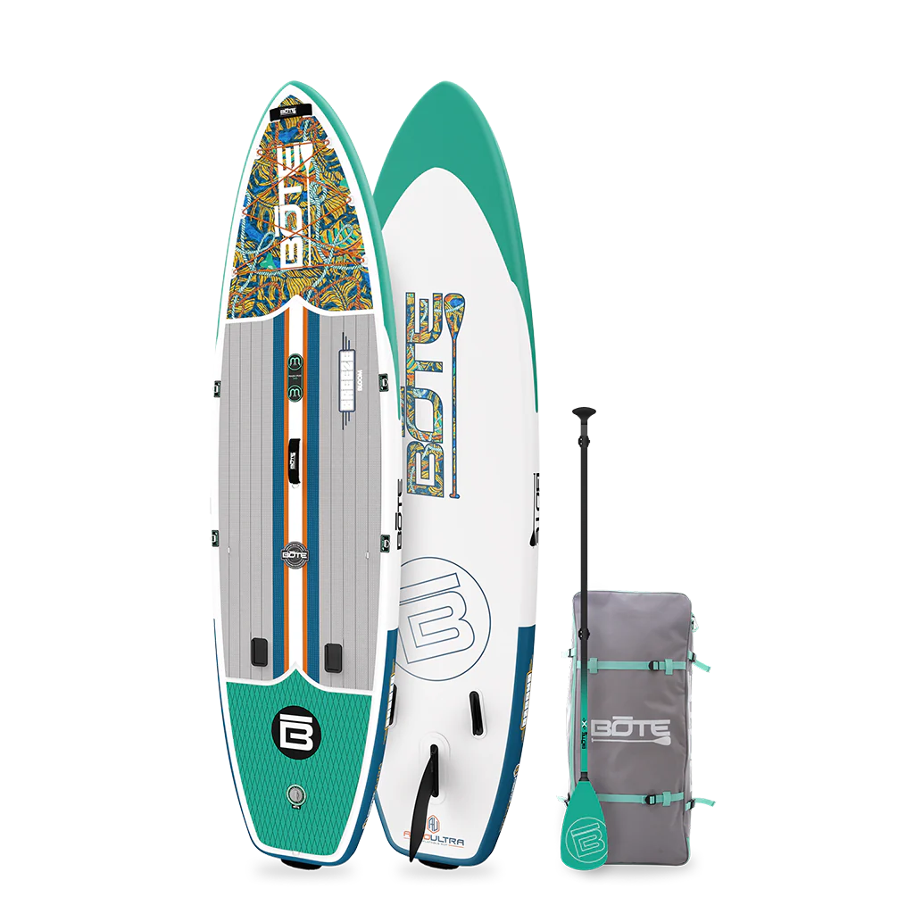 BOTE inflatable paddle board with paddle and carrying bag on a white background