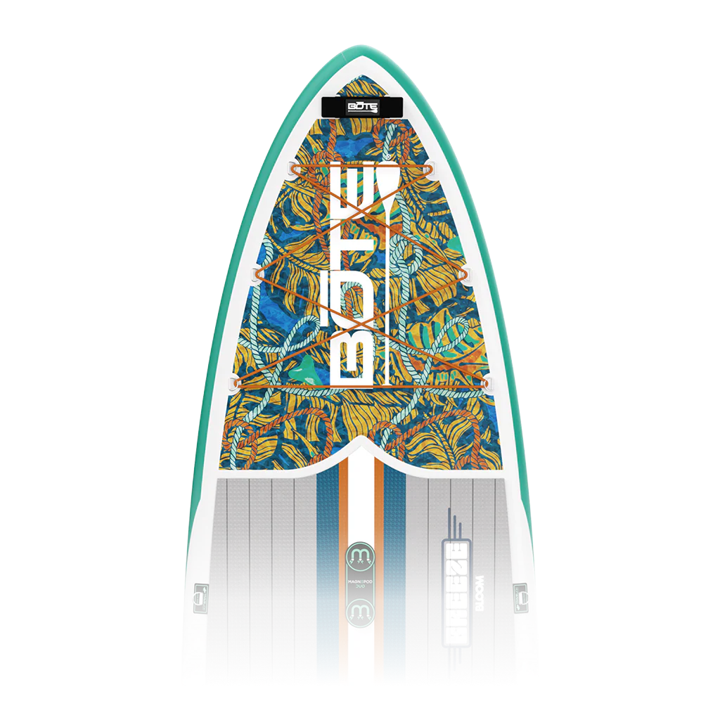 Colorful surfboard with a pattern on a white background