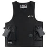 Black tactical vest with multiple pockets and straps on a black background