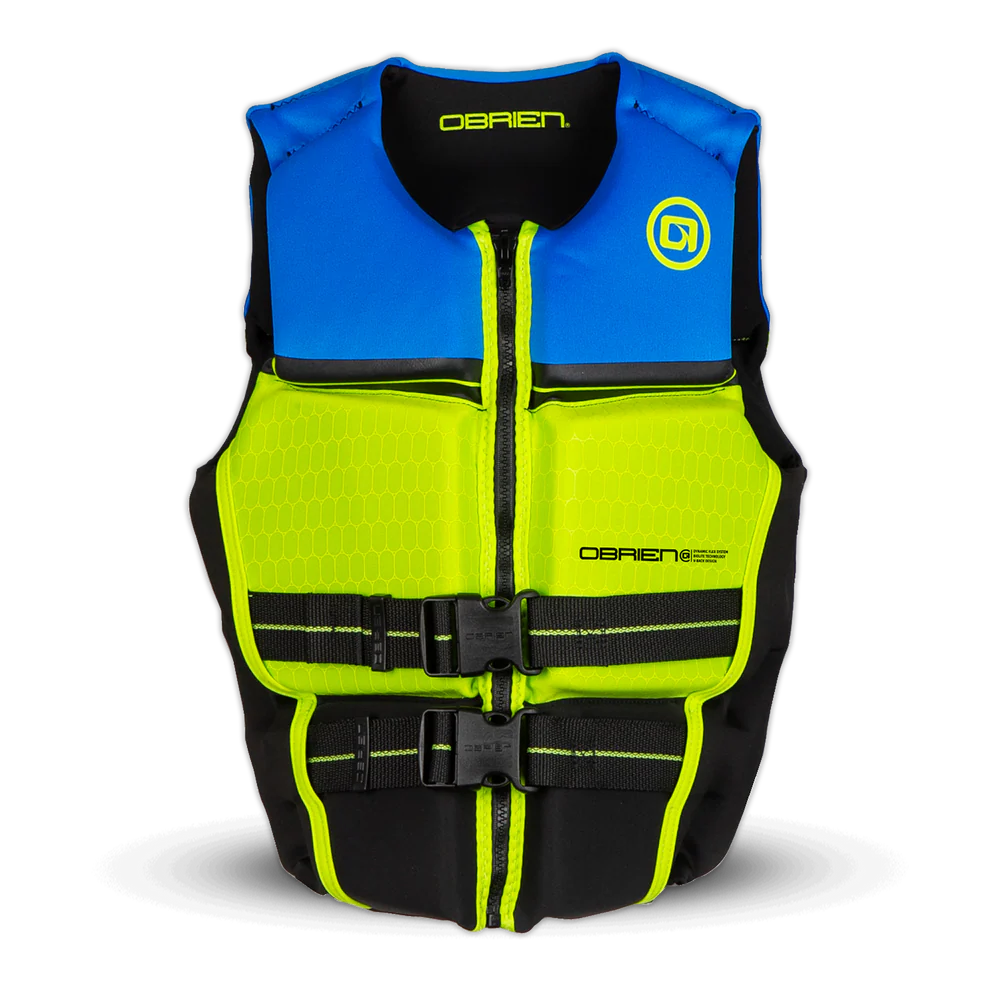 Blue, yellow, and black life vest with O'Brien branding on a white background