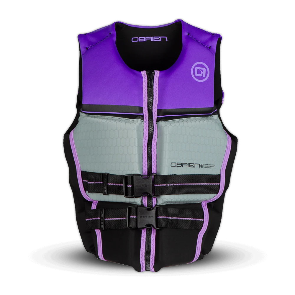 Purple, gray, and black life vest with O'Brien branding on a white background