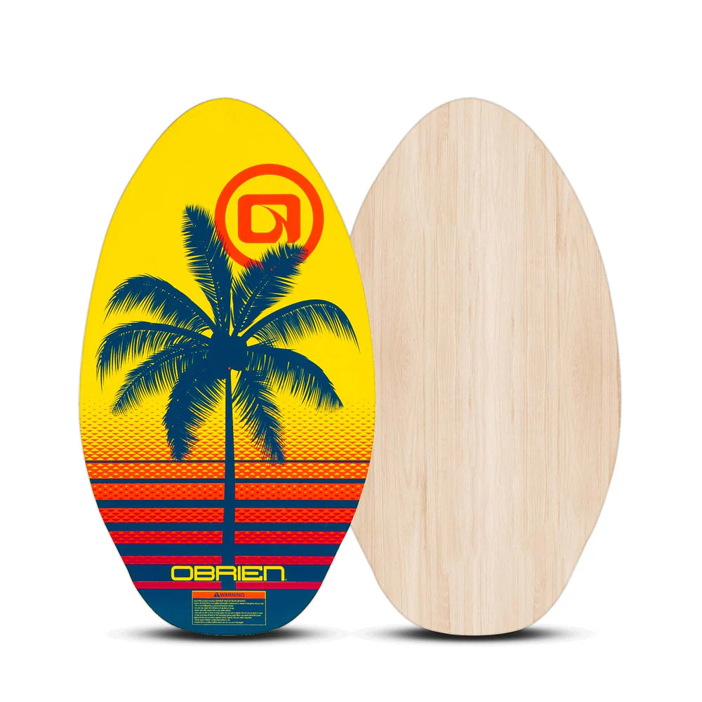 Two-sided view of a colorful surfboard with palm tree design and O'Brien logo.