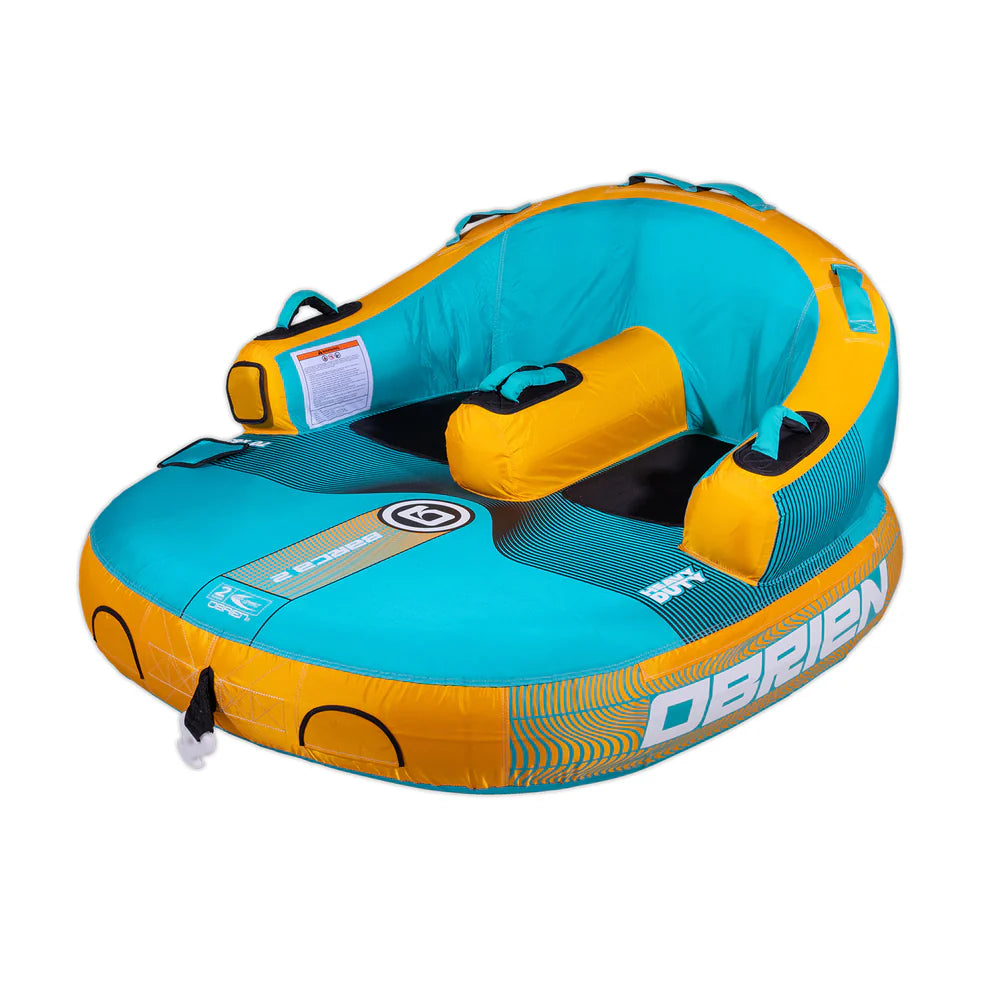 Turquoise and orange inflatable tube with O'Brien branding on a white background