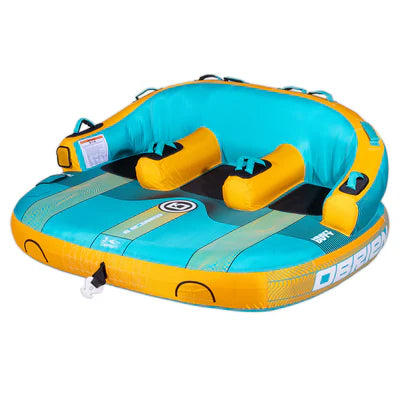 Inflatable tube with yellow and blue design on a white background