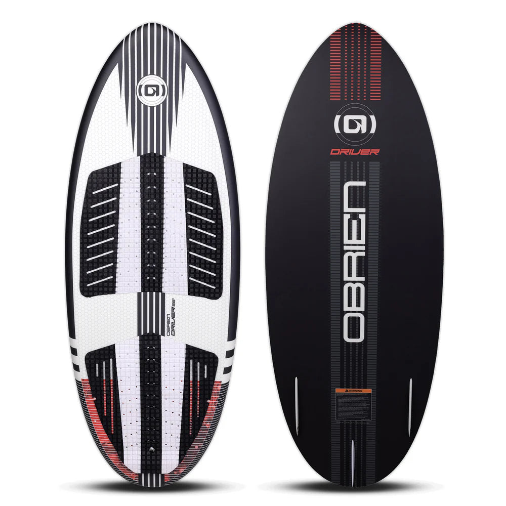 O'Brien wakeboard with black, white, and red design on a white background