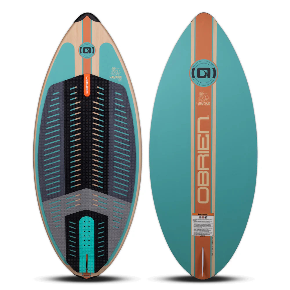 O'Brien wakeboard with a teal and brown design on a white background