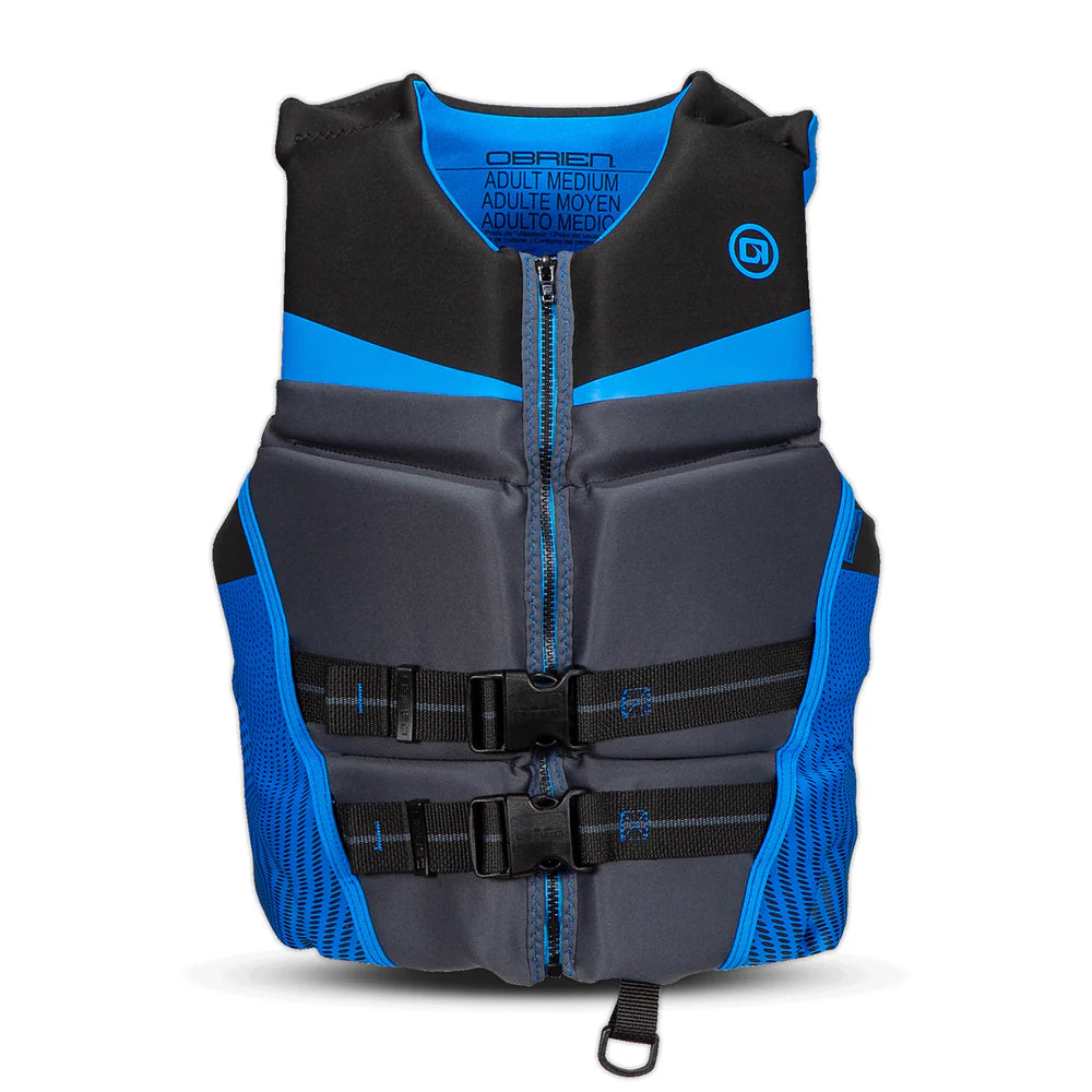 Black and blue life vest on a white background