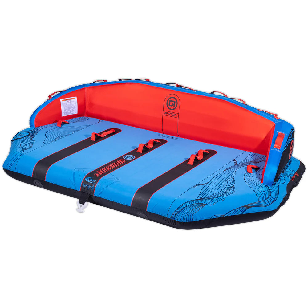 Blue and orange inflatable tube with black straps on a white background