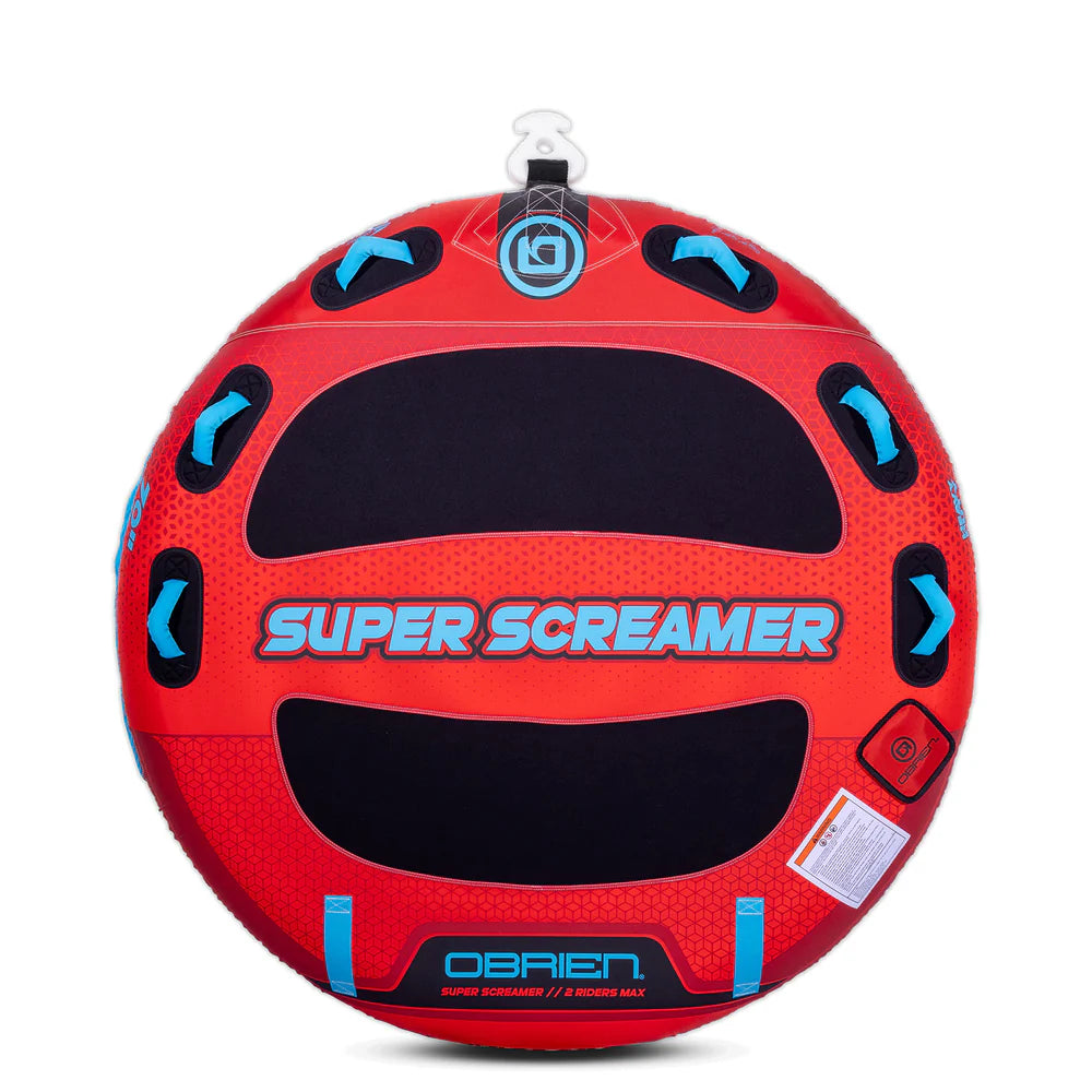 Red inflatable tube with blue accents and 'Super Screamer' branding on a white background