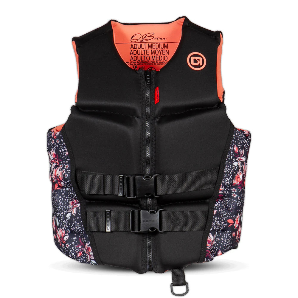 Black life vest with floral pattern on a white background