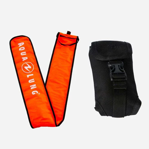 Orange inflatable snorkel vest and black buoyancy control device on a white background with Aqua Lung branding.