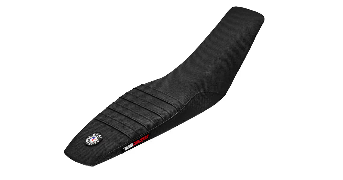 Black motorcycle seat with a brand logo on a white background