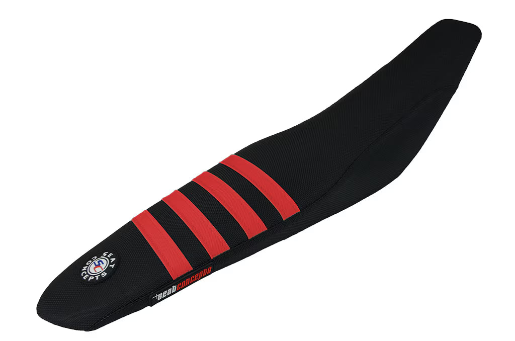 Black seat cover with red stripes on a white background