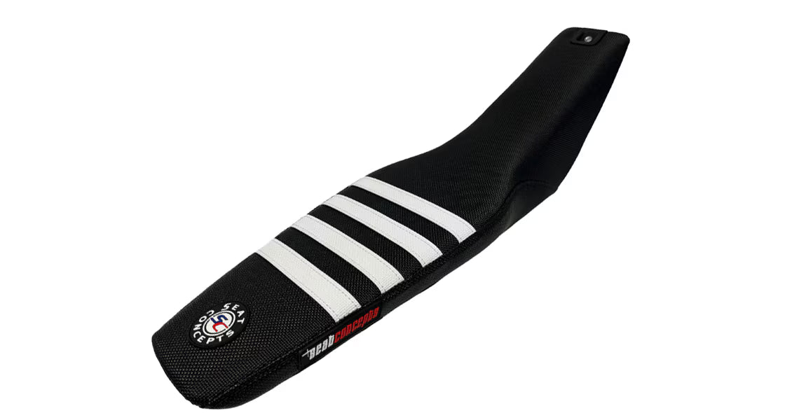 Black motorcycle seat cover with white stripes and logos on a white background