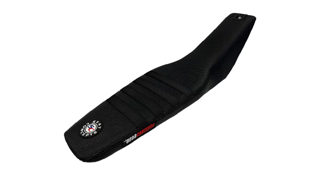 Black motorcycle seat cover with a brand logo on a white background