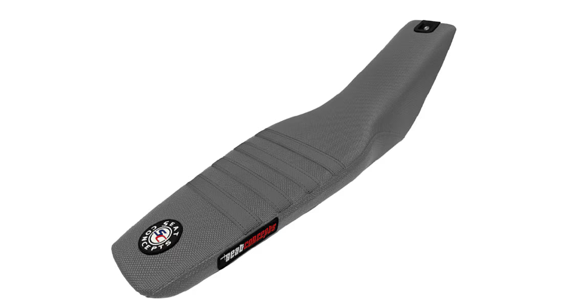 Gray motorcycle seat cover with branding on a white background