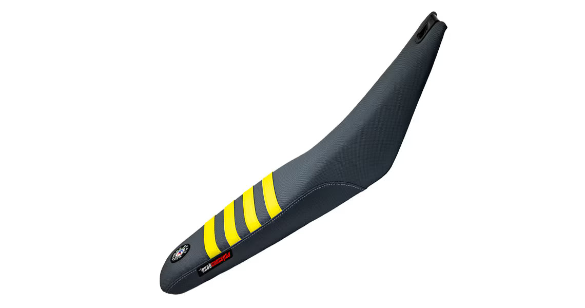 Black motorcycle seat with yellow stripes on a white background
