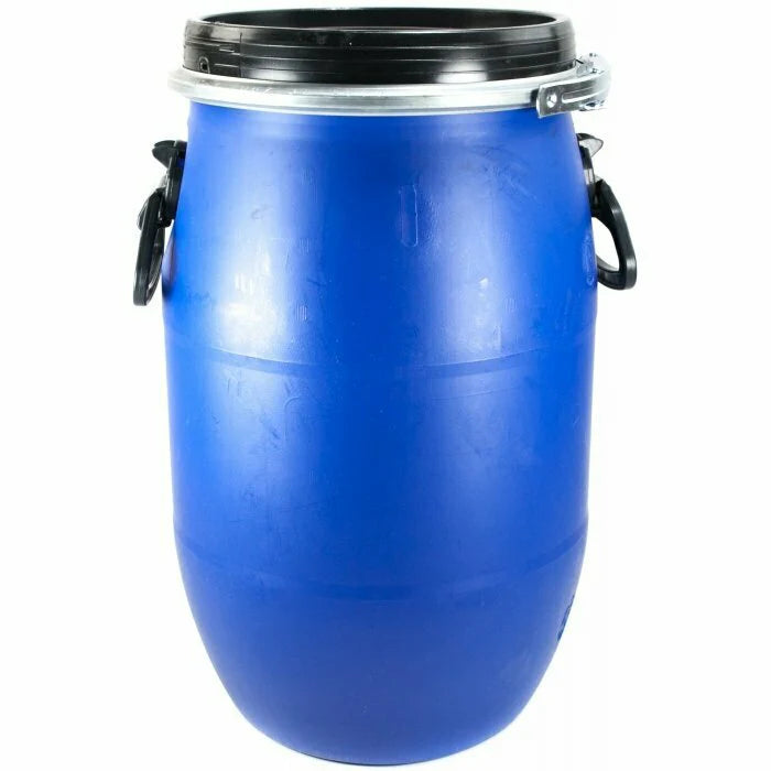 Blue plastic drum with black lid on a white background