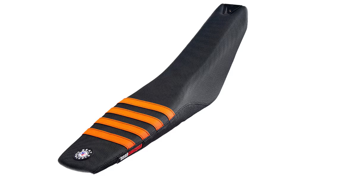 Black motorcycle seat cover with orange stripes on a white background