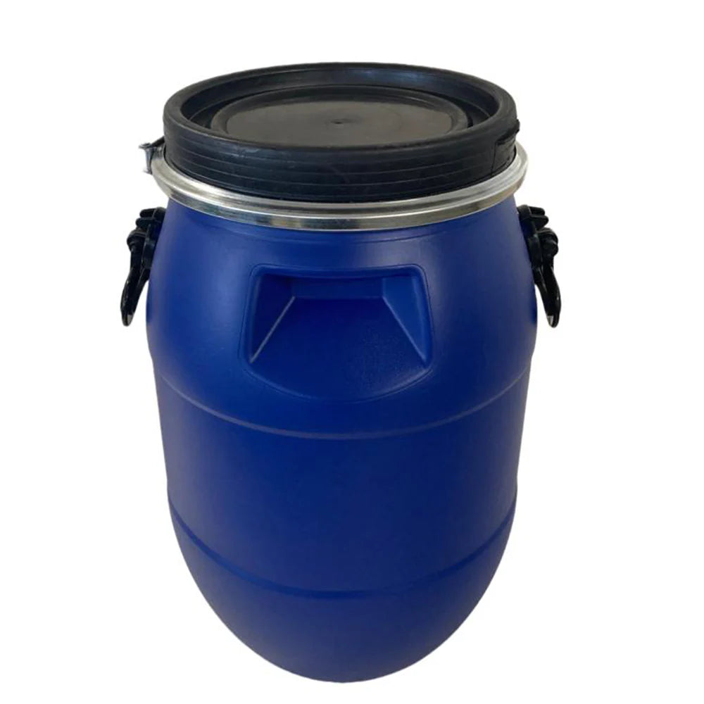 Blue plastic barrel with black lid on a white background