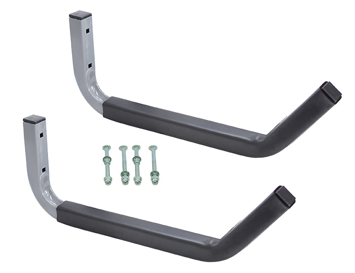 Two U-shaped metal brackets with additional components on a white background