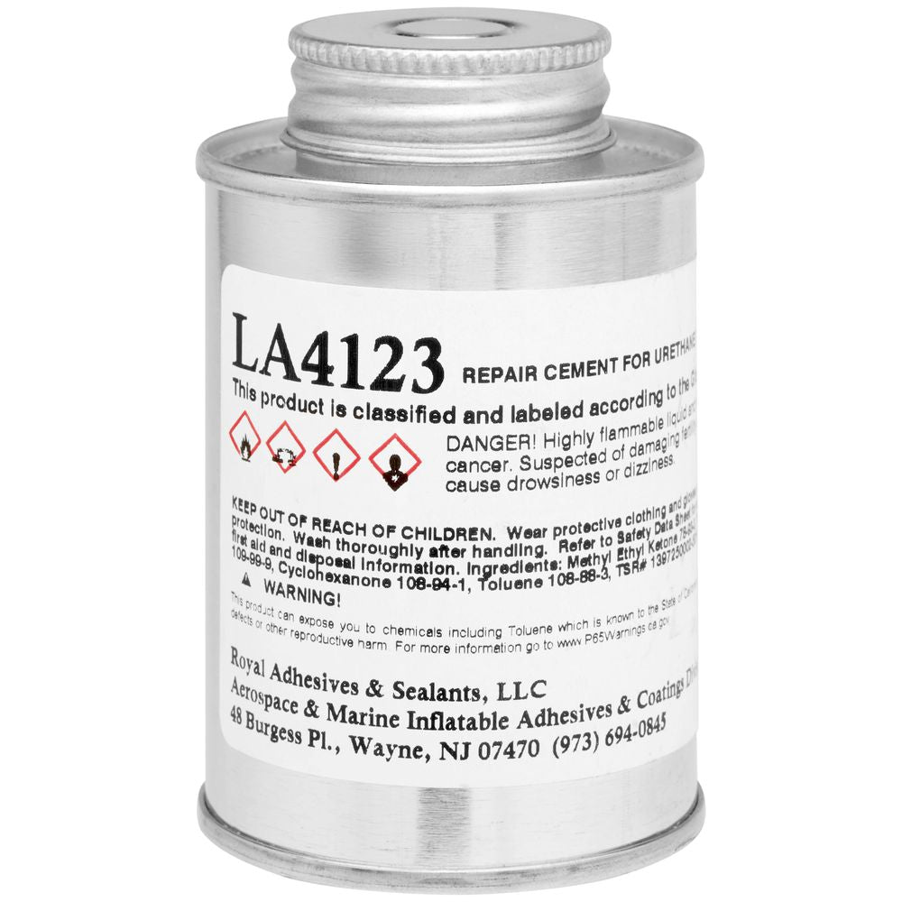 Can of LA4123 repair cement with label on a white background