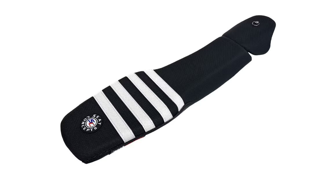 Black and white striped product with a logo on a white background