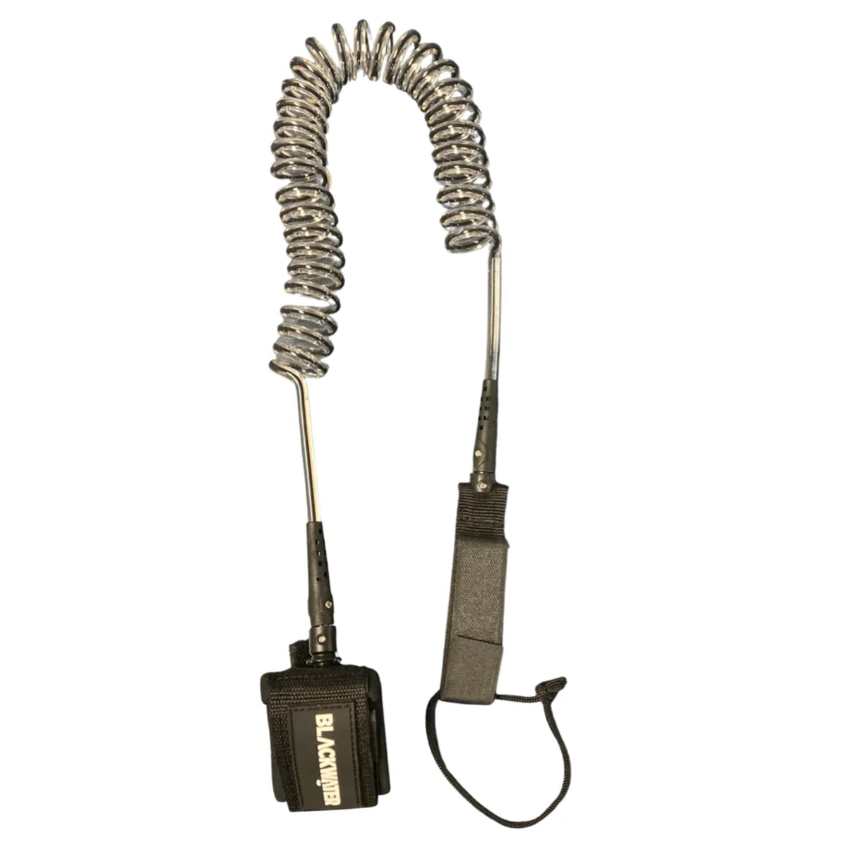Coiled leash with black and gray design on a white background