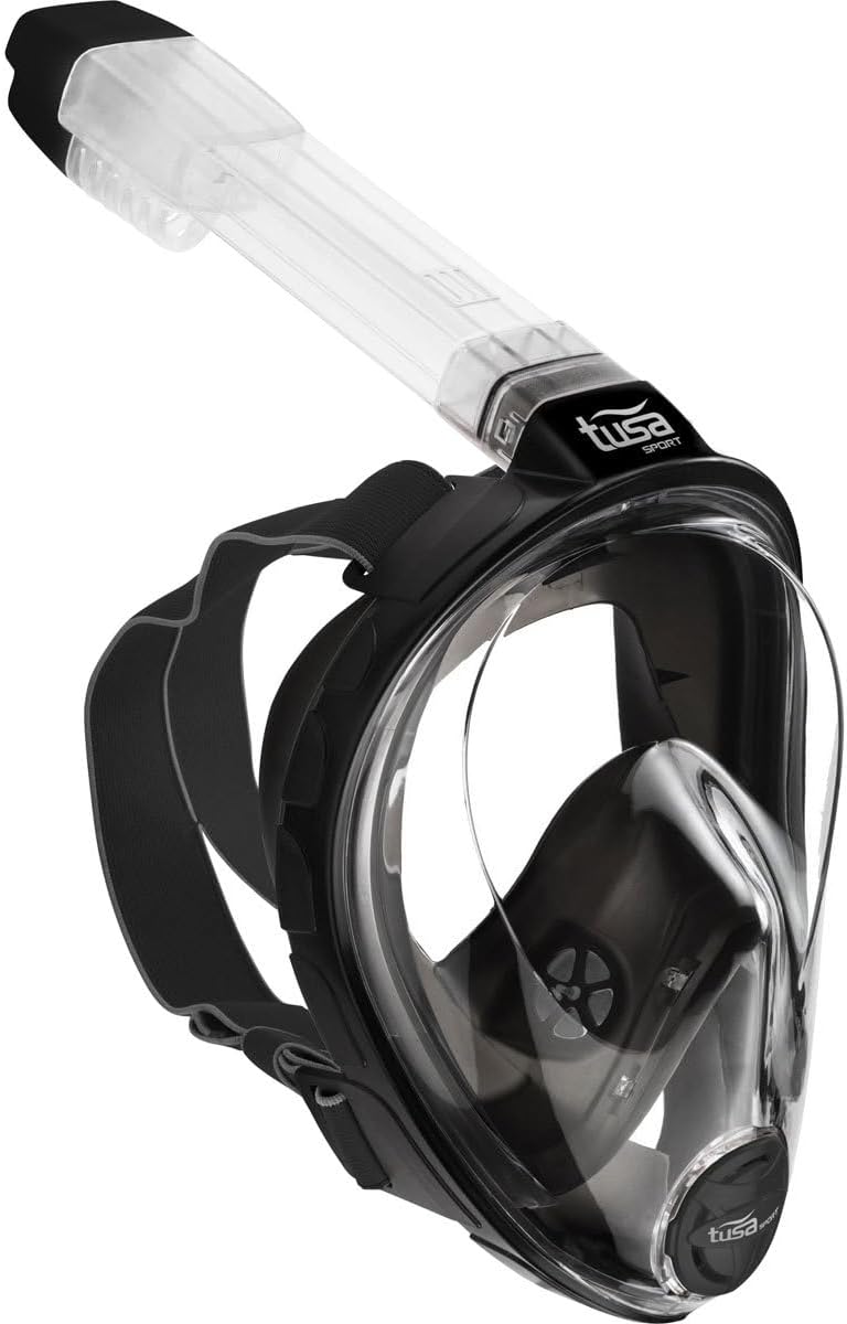 Black full-face snorkeling mask with clear visor on a white background