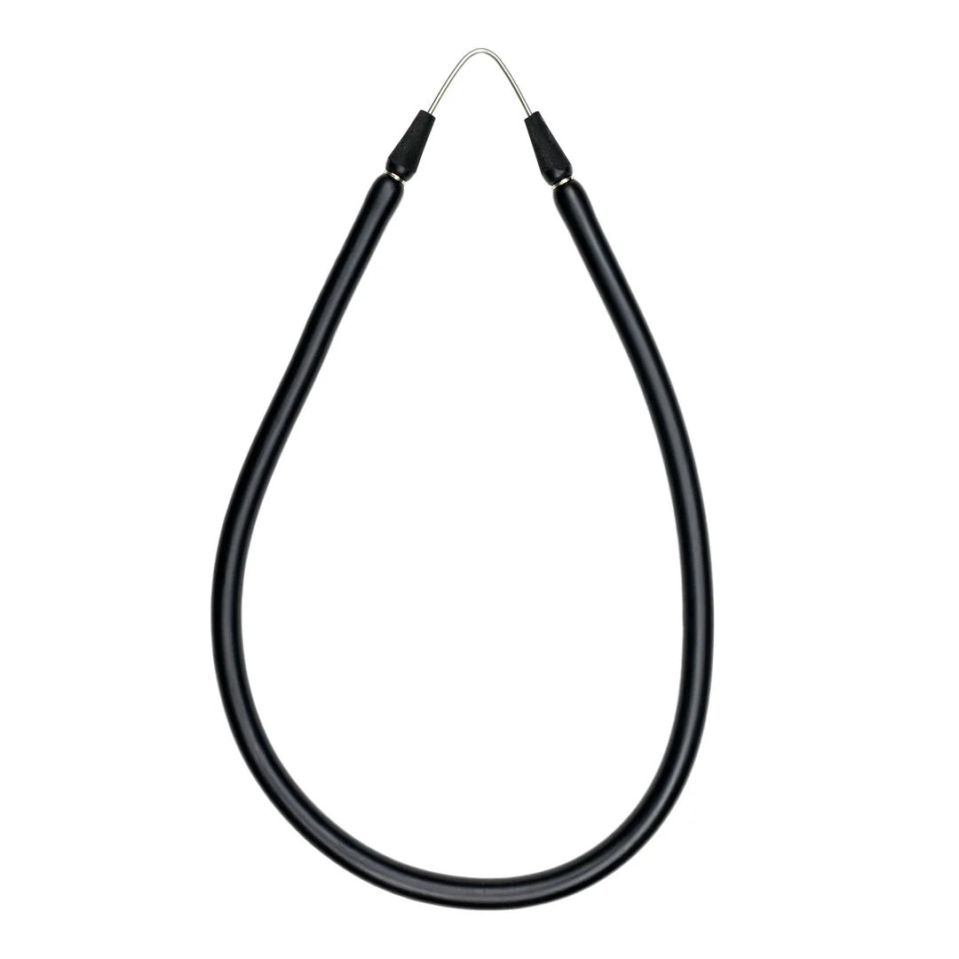 Black cable with metal ends on a white background