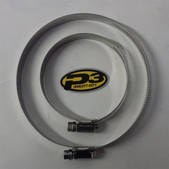 Metal hose clamp with P3 logo on a gray background