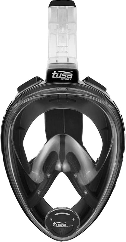 Black full-face snorkeling mask with Tusa branding on a white background