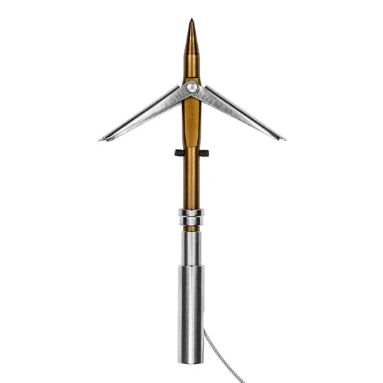 Metallic hunting arrow head on a white background