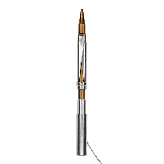 Metallic pen with a pointed tip on a white background