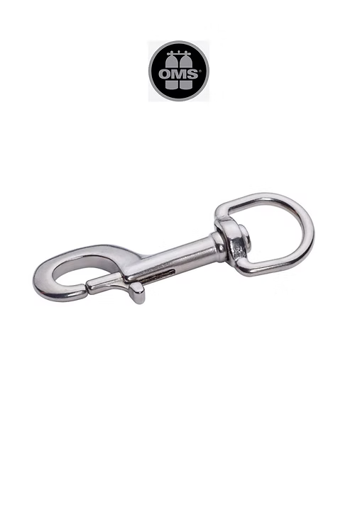 Metallic dog collar clip with OMS logo on a white background