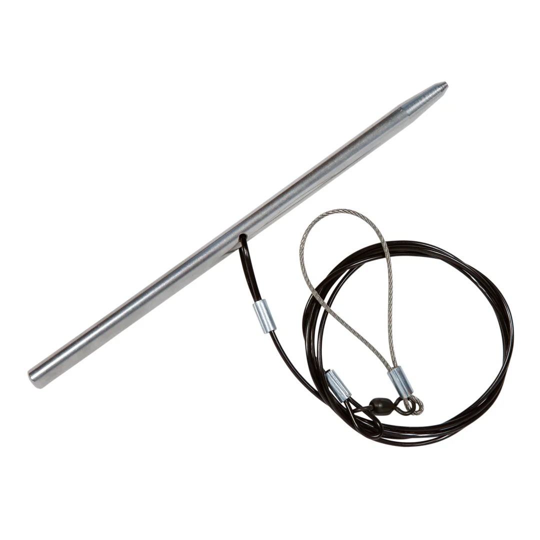 Metal knitting needle with cable on a white background